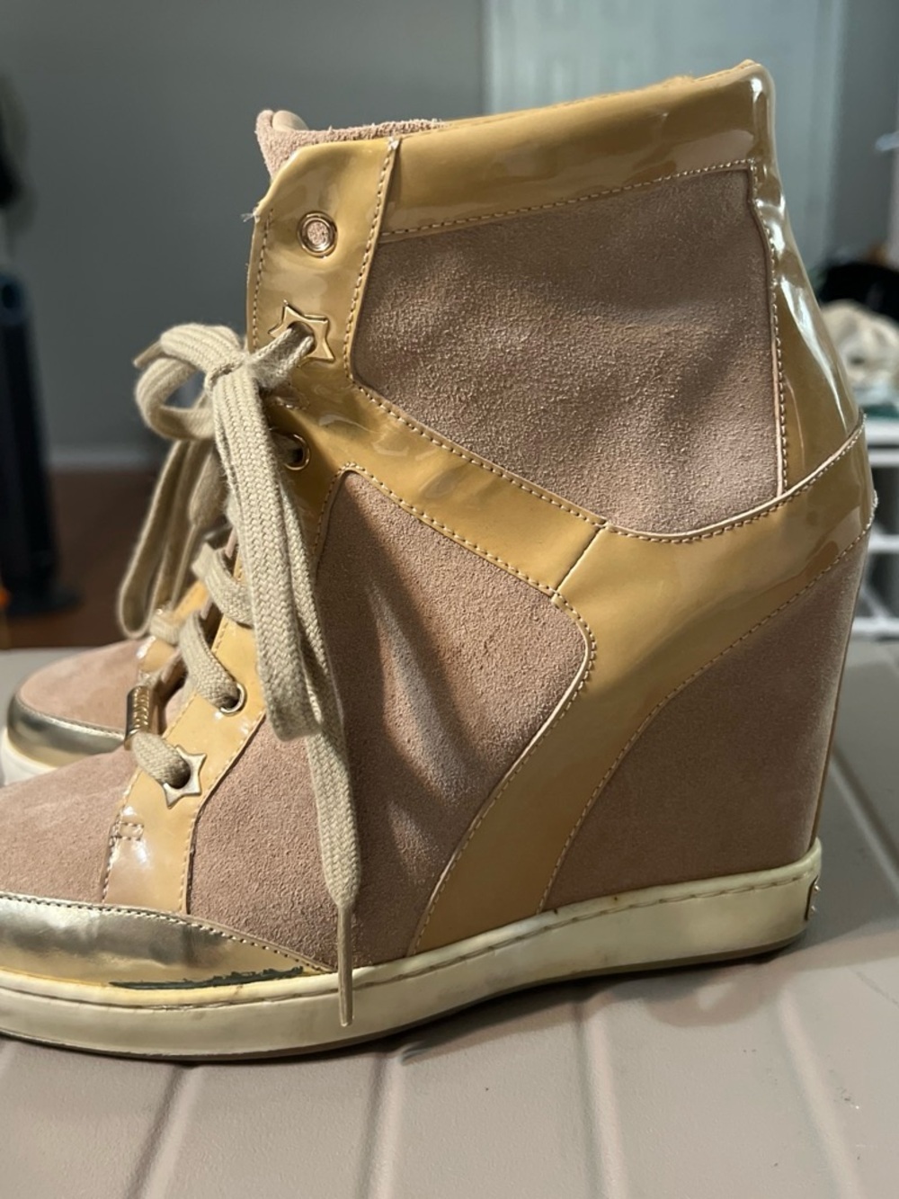 Wedge High-Top Sneakers in Beige